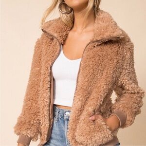 BB Dakota Women's Camel Teddy Or Not Faux Fur Bomber Jacket Coat Size S